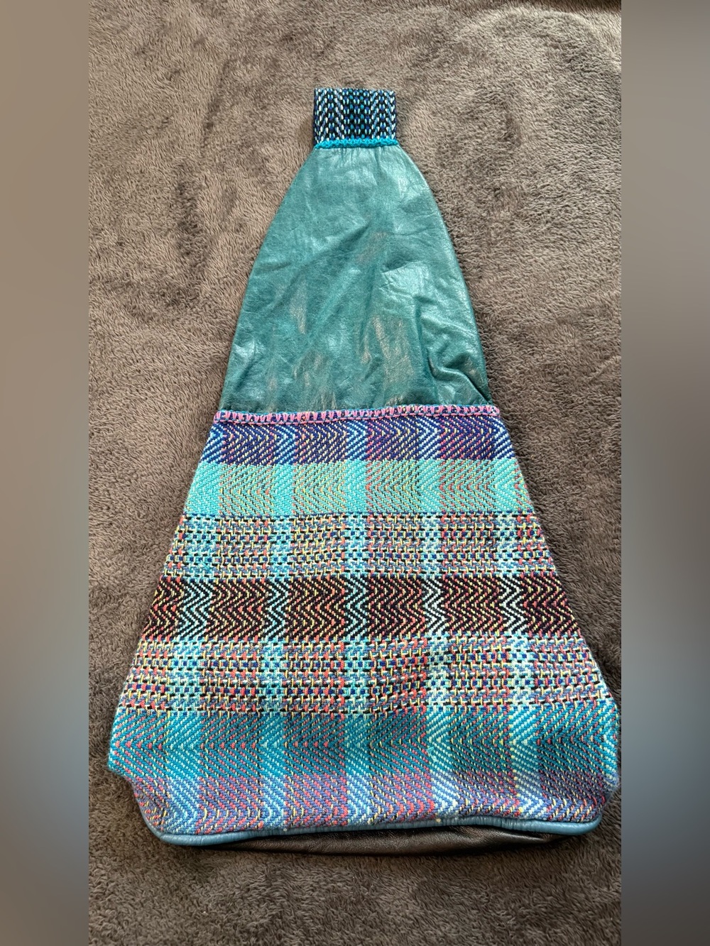 Colombia handmade design. Turquoise Plaid Woven Tote with Leather Top.